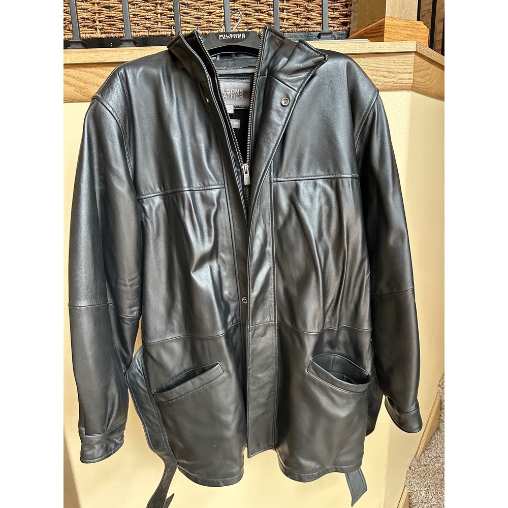 Wilsons Leather Mens Black Leather Trench Coat Thinsulate Ultra Insulated L